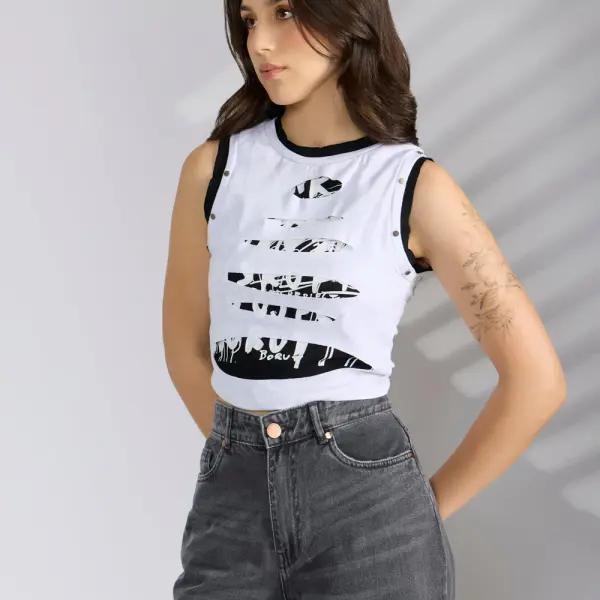 Women's Abstract White Sleeveless Tank Top