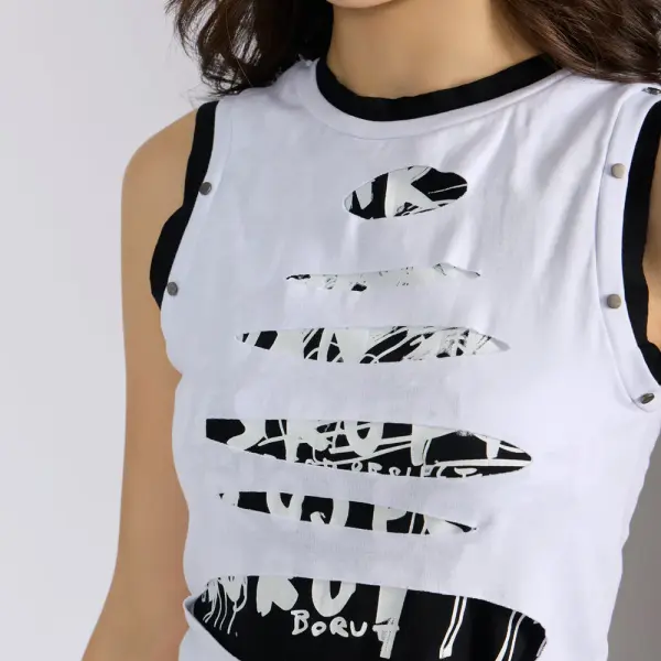Women's Abstract White Sleeveless Tank Top