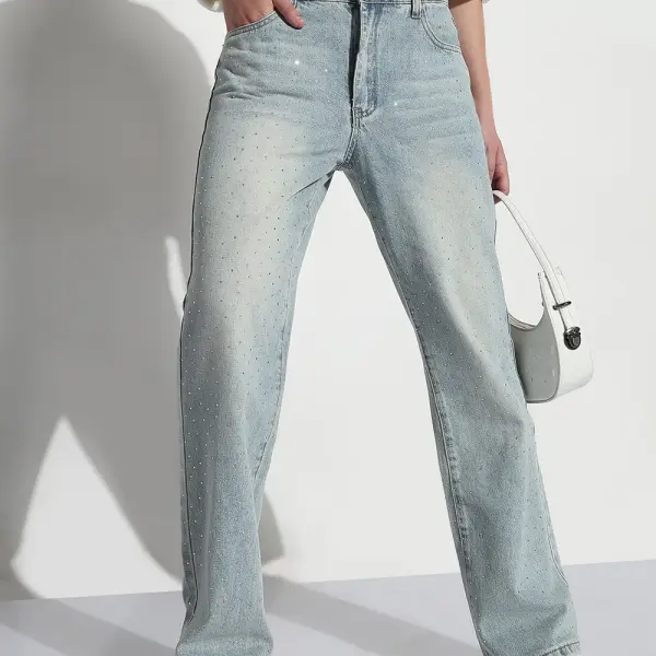 Women's Blue Embellished High Rise Straight Fit Jeans