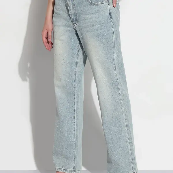 Women's Blue Embellished High Rise Straight Fit Jeans