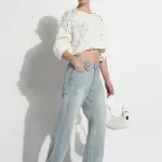 Women's Blue Embellished High Rise Straight Fit Jeans