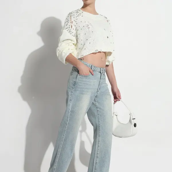Women's Blue Embellished High Rise Straight Fit Jeans