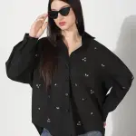 Women's Oversized Black Solid Shirt with Motifs