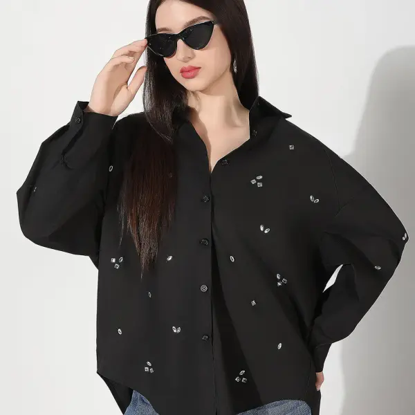 Women's Oversized Black Solid Shirt with Motifs