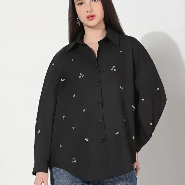 Women's Oversized Black Solid Shirt with Motifs
