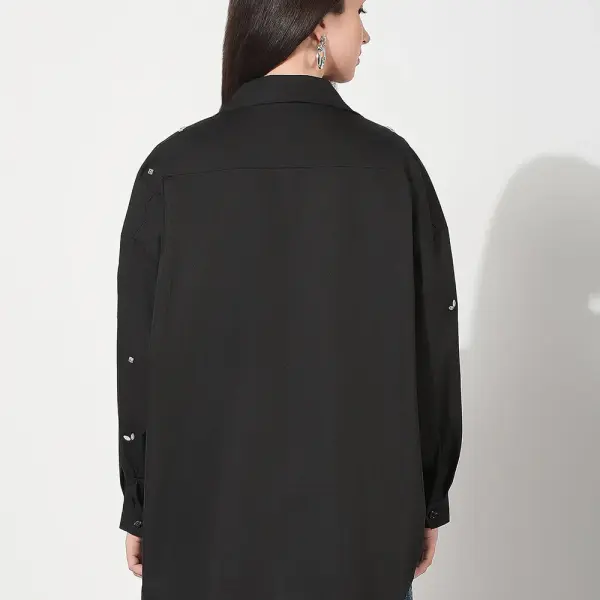 Women's Oversized Black Solid Shirt with Motifs