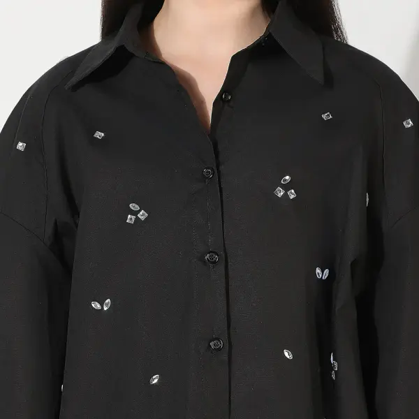 Women's Oversized Black Solid Shirt with Motifs