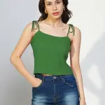 Women's Solid Green Shoulder Straps Crop Top