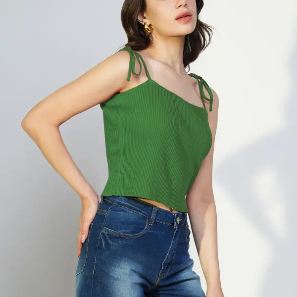 Women's Solid Green Shoulder Straps Crop Top