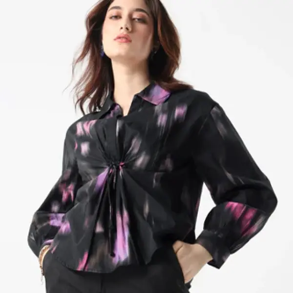 PRINTED RELAXED TOP WITH TIE UP ELLYN - BLACK