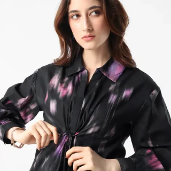 PRINTED RELAXED TOP WITH TIE UP ELLYN - BLACK