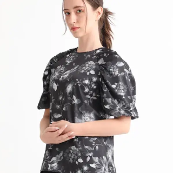 FLORAL CORD TIE-UP RAGLAN SLEEVE TOP ESME - BLACK