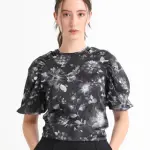 FLORAL CORD TIE-UP RAGLAN SLEEVE TOP ESME - BLACK