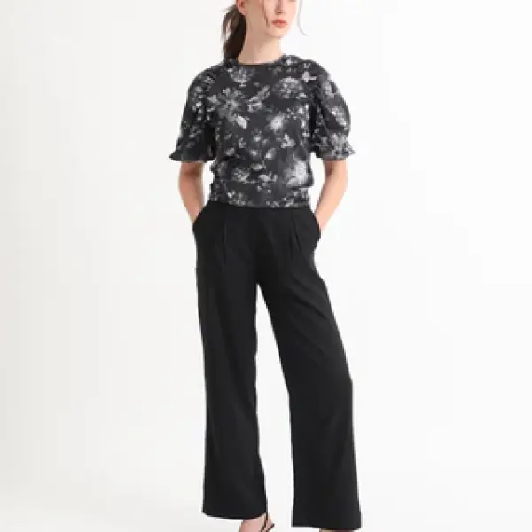 FLORAL CORD TIE-UP RAGLAN SLEEVE TOP ESME - BLACK