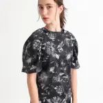 FLORAL CORD TIE-UP RAGLAN SLEEVE TOP ESME - BLACK