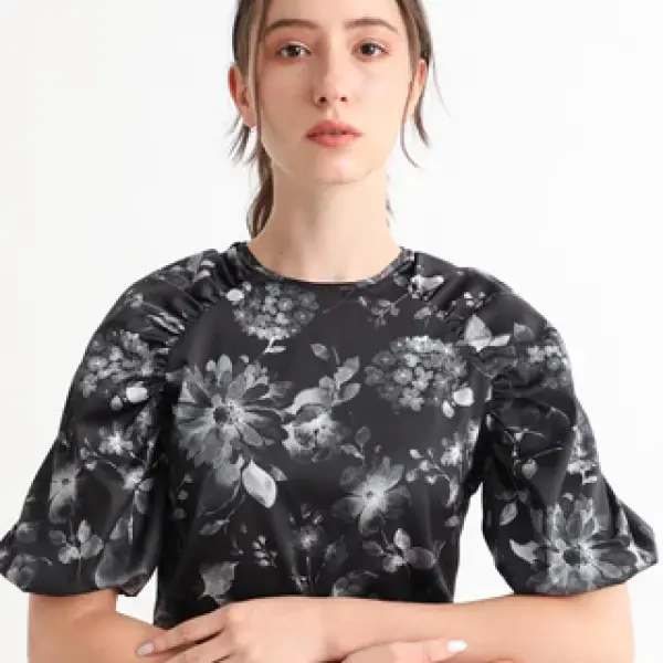 FLORAL CORD TIE-UP RAGLAN SLEEVE TOP ESME - BLACK