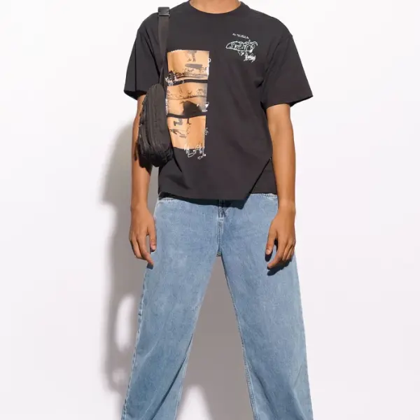 light blue fish cut men's baggy straight jeans