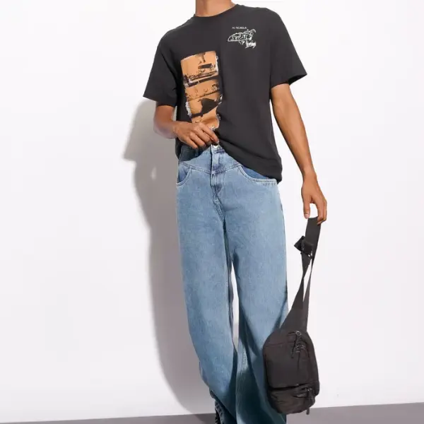 light blue fish cut men's baggy straight jeans