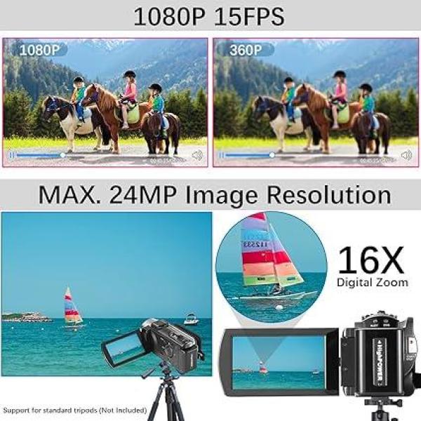 Full HD 1080P Digital Video Camera Camcorder with 3-Inch Rotating LCD, 16X Digital Zoom, and Dual Batteries – Black