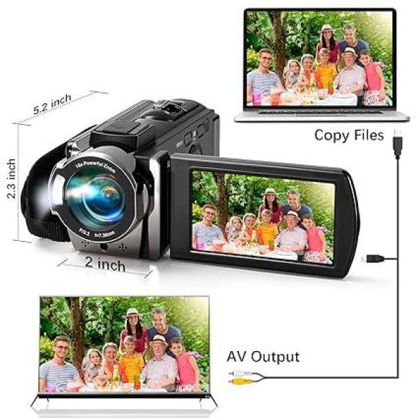 Full HD 1080P Digital Video Camera Camcorder with 3-Inch Rotating LCD, 16X Digital Zoom, and Dual Batteries – Black