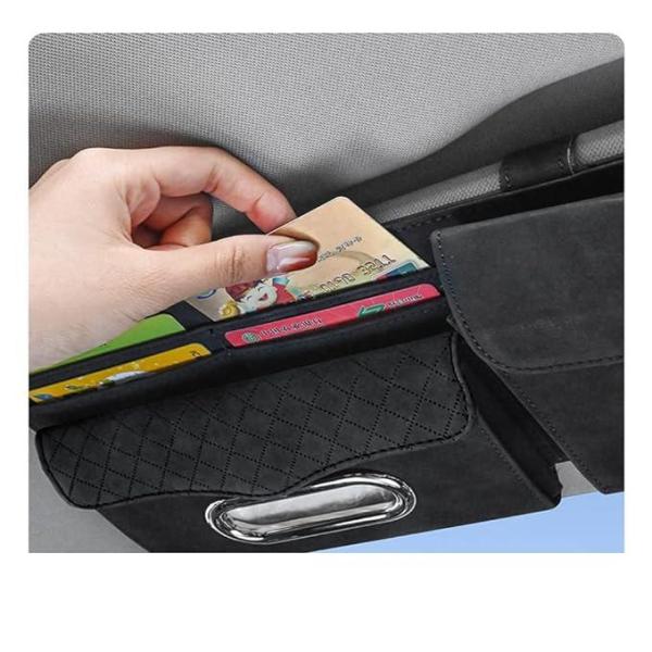Suede Car Sun Visor Organizer with Tissue Box, Sunglass Pocket, Card Slot & Pen Holder (Gray)