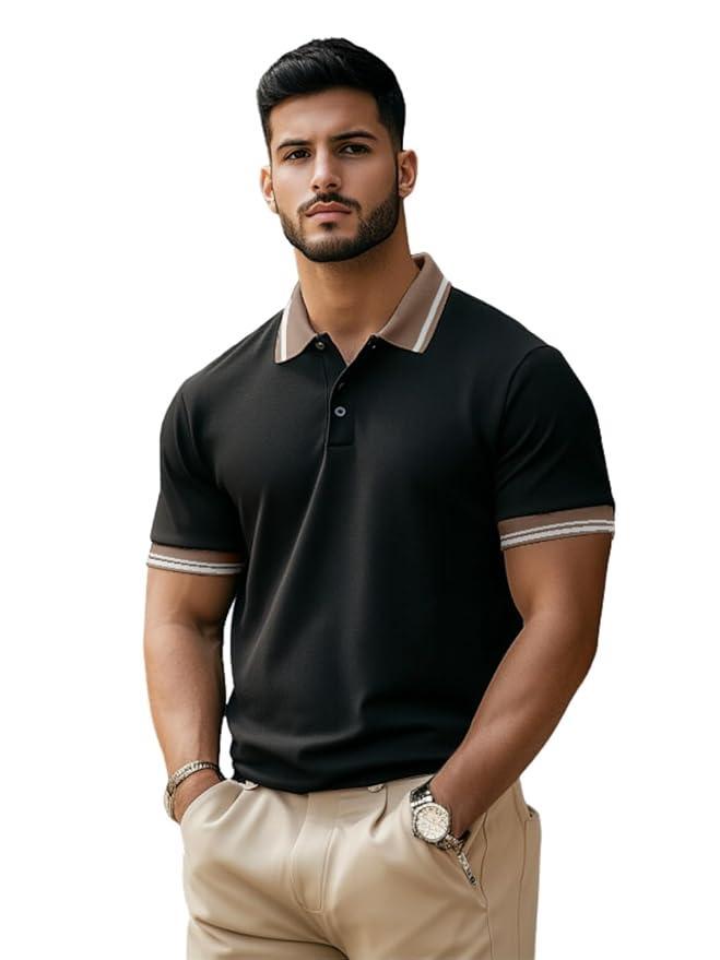 Men’s Pure Cotton Half Sleeve Regular Fit Polo T-Shirt with Colored Collar – Available in Olive, Black & White
