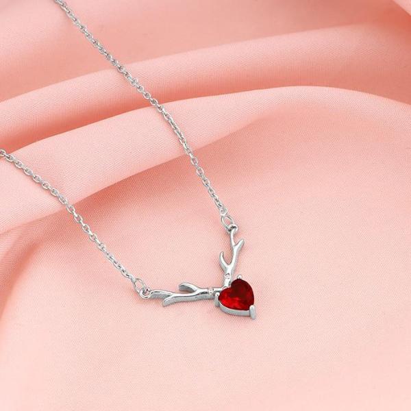 Silver Deer Heart in Red Necklace
