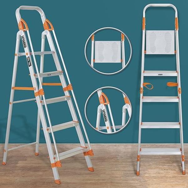5-Step Aluminum Foldable Ladder with Safety Handrail