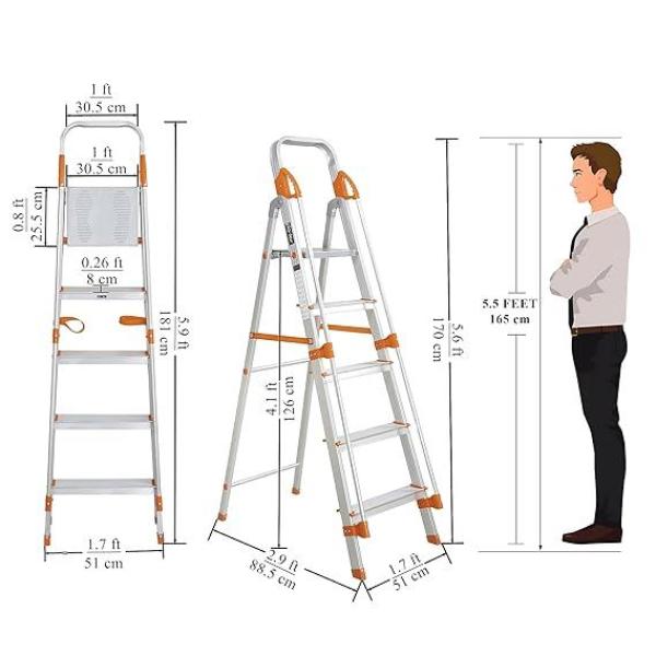 5-Step Aluminum Foldable Ladder with Safety Handrail