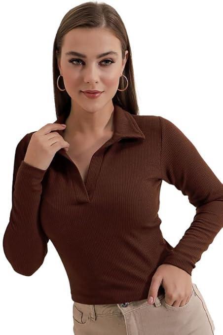 Women’s Collared Neck Long Sleeve Slim Fit Casual Tee Top