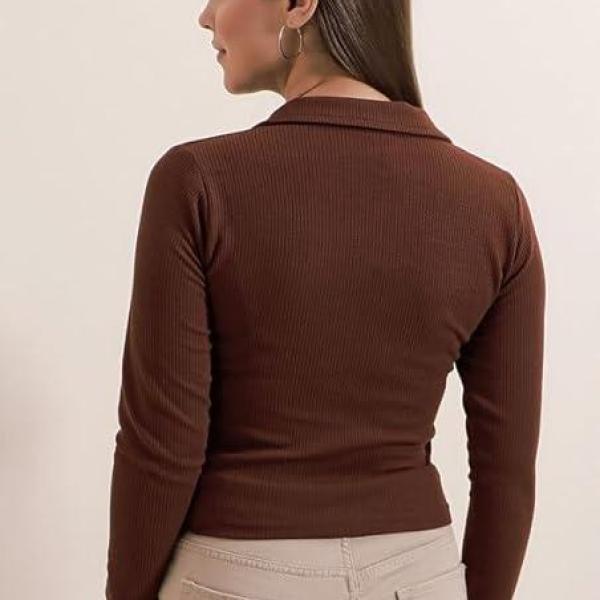 Women’s Collared Neck Long Sleeve Slim Fit Casual Tee Top