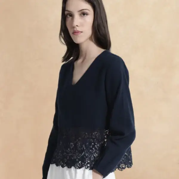 DOUBLE CLOTH TOP WITH LACE DETAIL SINLOAO - NAVY